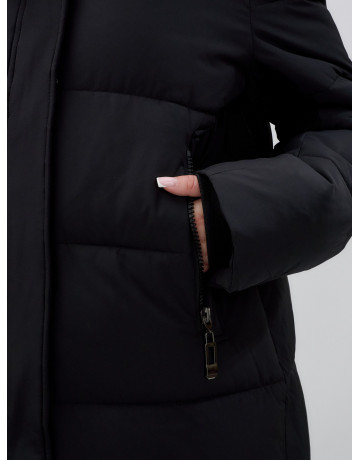 Тёплый женский пуховик до колена с капюшоном.