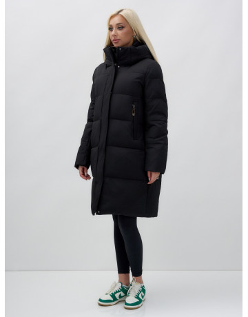 Тёплый женский пуховик до колена с капюшоном.