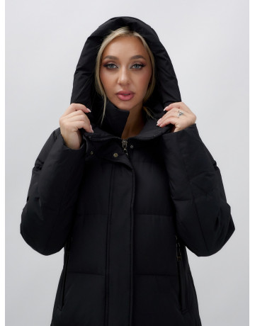 Тёплый женский пуховик до колена с капюшоном.