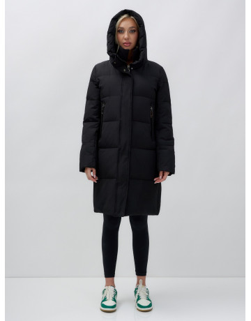 Тёплый женский пуховик до колена с капюшоном.