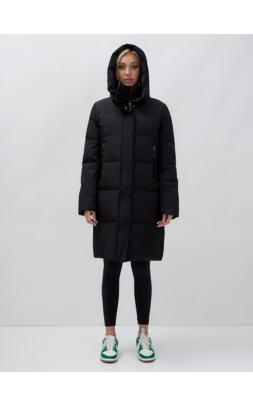 Тёплый женский пуховик до колена с капюшоном.