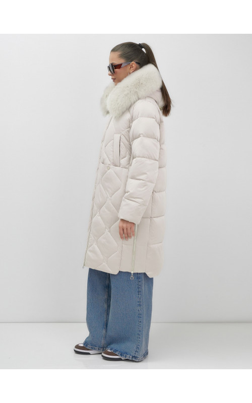 Длинный зимний пуховик с мехом песца.