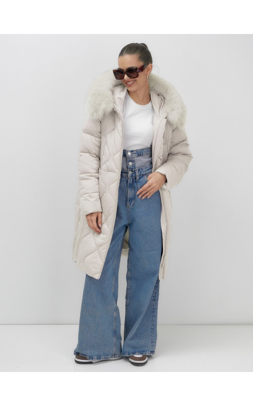 Длинный зимний пуховик с мехом песца.