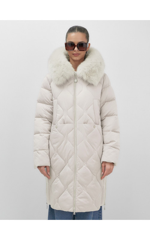 Длинный зимний пуховик с мехом песца.