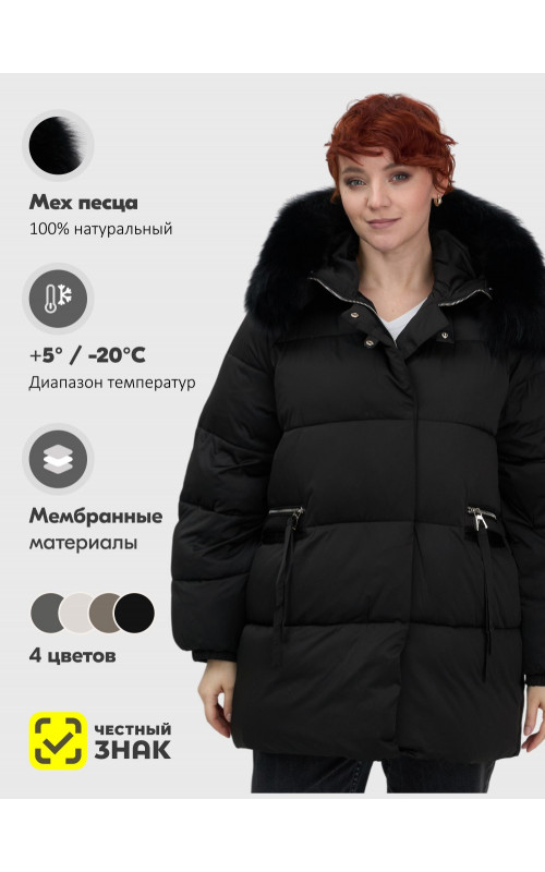 Женский чёрный пуховик с мехом и капюшоном.