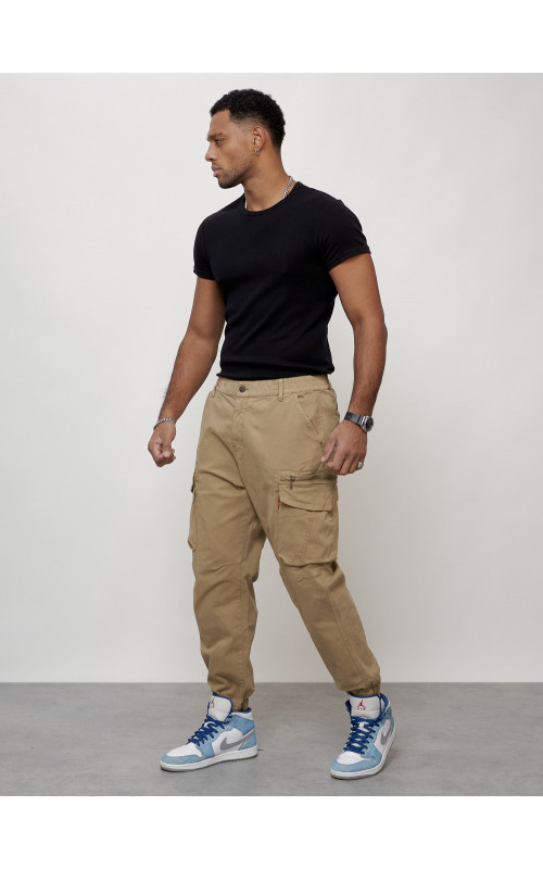 Мужские брюки карго с накладными карманами, бежевые