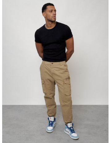 Мужские брюки карго с накладными карманами, бежевые