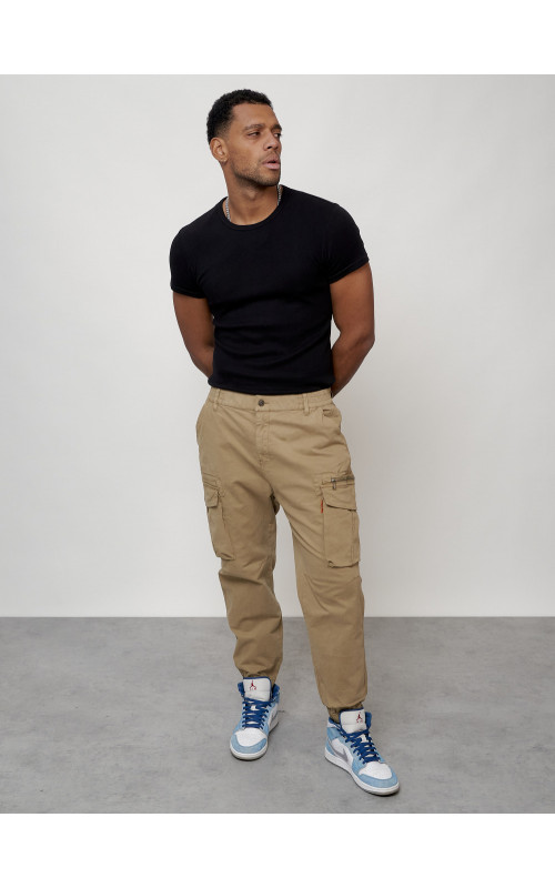 Мужские брюки карго с накладными карманами, бежевые