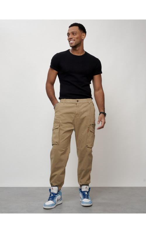 Мужские брюки карго с накладными карманами, бежевые