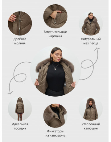 Пуховик женский зимний с мехом и капюшоном, коричневый.
