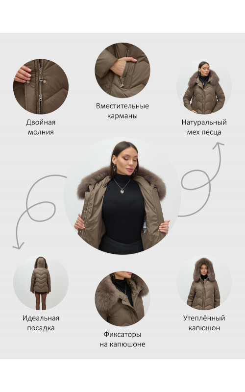 Пуховик женский зимний с мехом и капюшоном, коричневый.