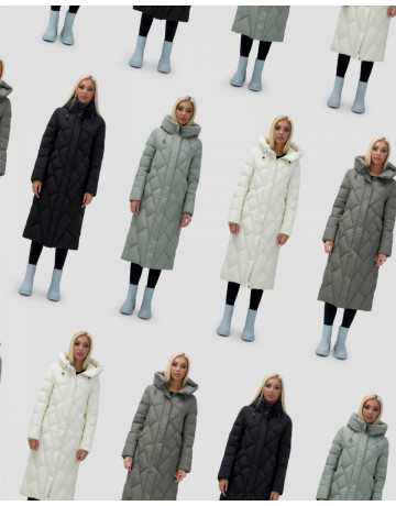 Длинный женский пуховик прямого кроя с капюшоном.