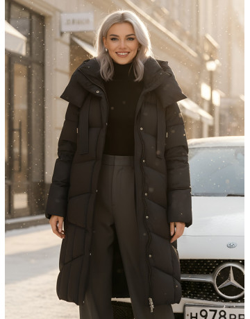 Длинный женский пуховик с капюшоном для зимы