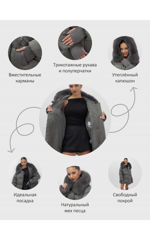 Пуховик женский зимний с мехом и капюшоном, тёмно-серый 
