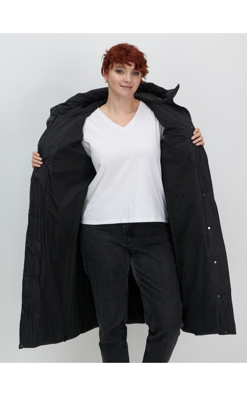 Длинный женский пуховик с капюшоном для зимы