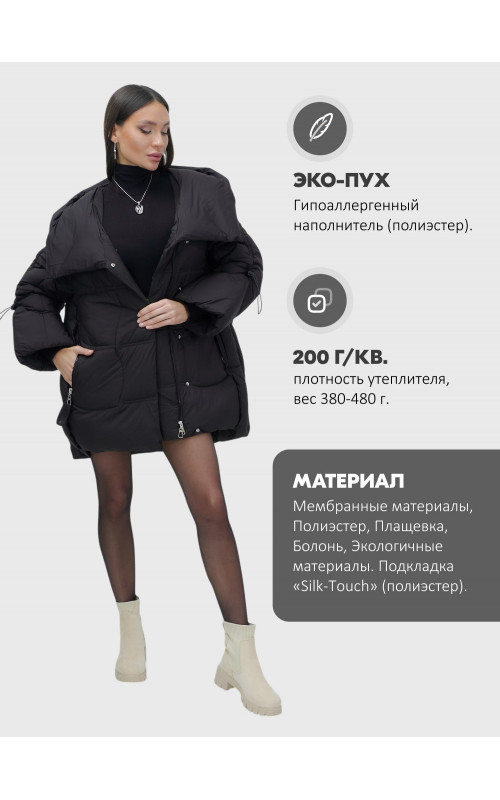 Пуховик зимний женский с большим капюшоном, чёрный.