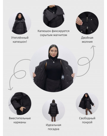 Пуховик зимний женский с большим капюшоном, чёрный.