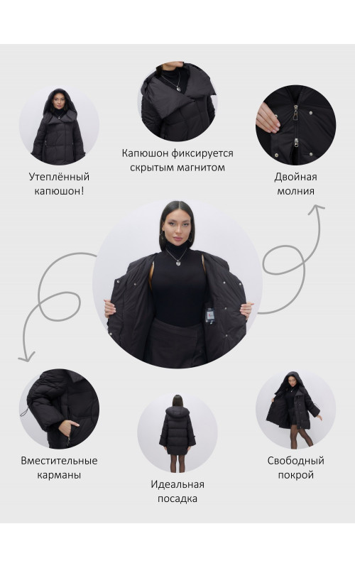 Пуховик зимний женский с большим капюшоном, чёрный.