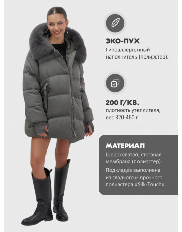 Женский зимний пуховик с мехом и капюшоном, тёмно-зелёный.