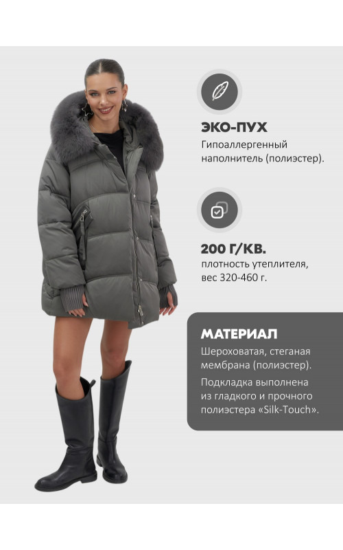 Женский зимний пуховик с мехом и капюшоном, тёмно-зелёный.