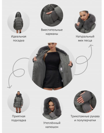 Женский зимний пуховик с мехом и капюшоном, тёмно-зелёный.