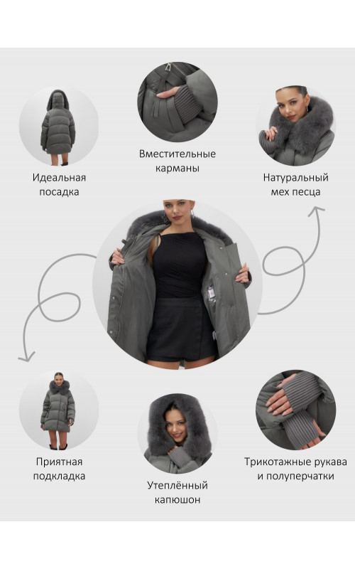 Женский зимний пуховик с мехом и капюшоном, тёмно-зелёный.