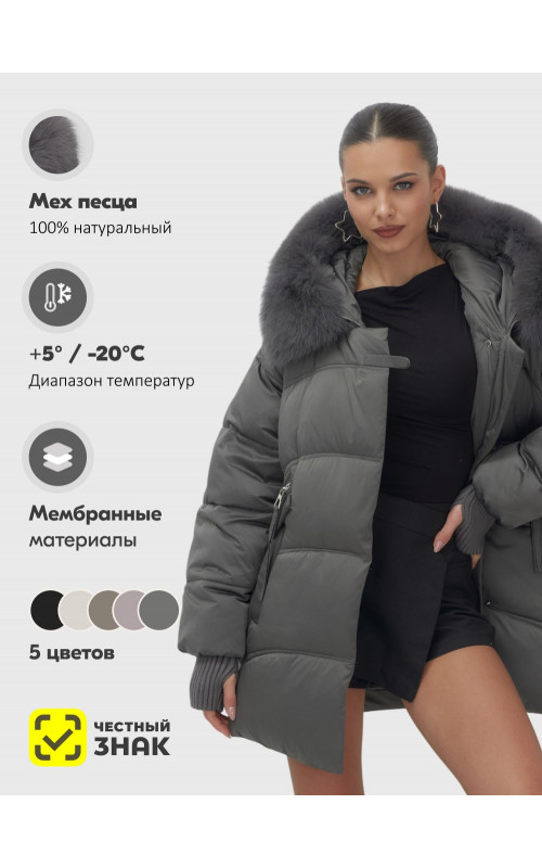 Женский зимний пуховик с мехом и капюшоном, тёмно-зелёный.