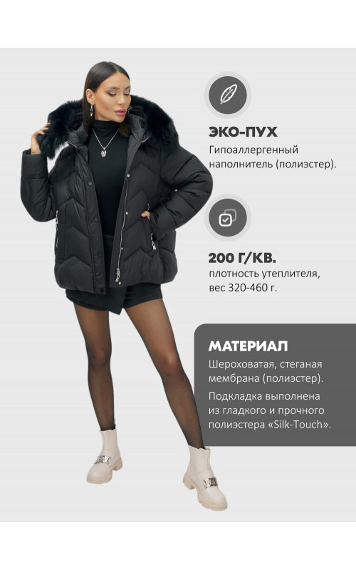 Женский зимний пуховик с мехом и капюшоном, чёрный.