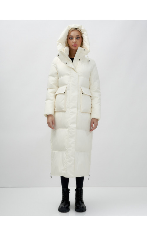 Длинный зимний пуховик с капюшоном для женщин.
