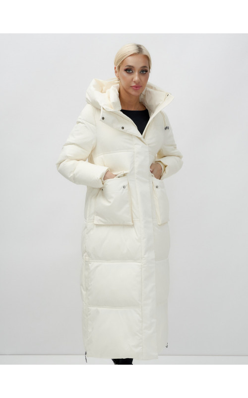 Длинный зимний пуховик с капюшоном для женщин.