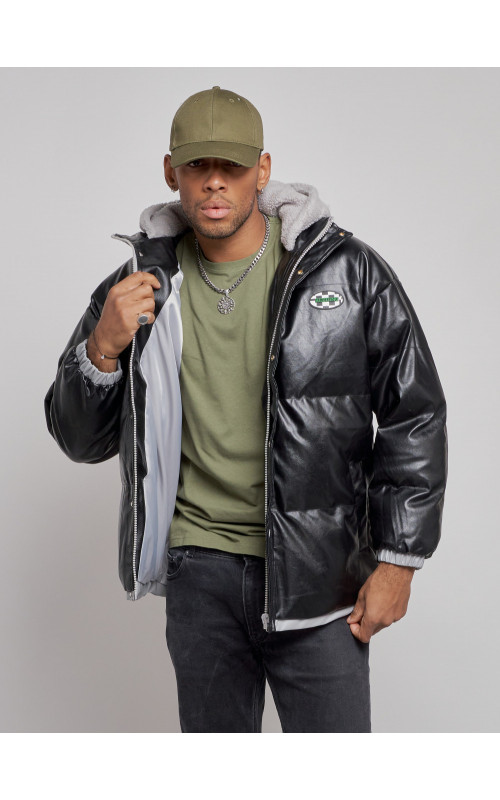 Мужская зимняя куртка из экокожи с капюшоном