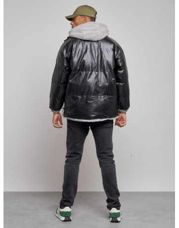 Мужская зимняя куртка из экокожи с капюшоном