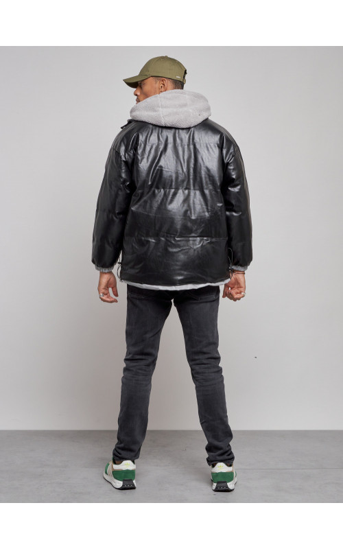 Мужская зимняя куртка из экокожи с капюшоном
