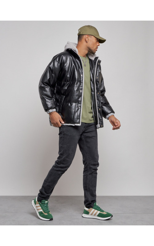 Мужская зимняя куртка из экокожи с капюшоном