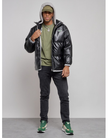 Мужская зимняя куртка из экокожи с капюшоном