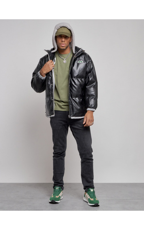 Мужская зимняя куртка из экокожи с капюшоном