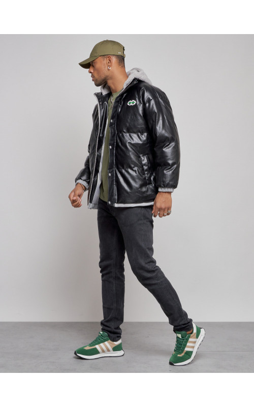 Мужская зимняя куртка из экокожи с капюшоном