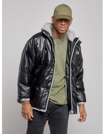 Мужская зимняя куртка из экокожи с капюшоном