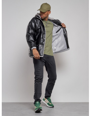 Мужская зимняя куртка из экокожи с капюшоном