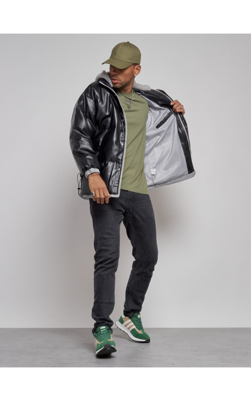 Мужская зимняя куртка из экокожи с капюшоном