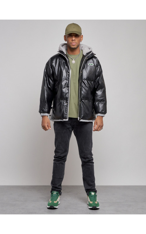 Мужская зимняя куртка из экокожи с капюшоном