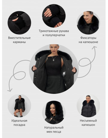 Пуховик с мехом песца, зима 2025, свободный крой