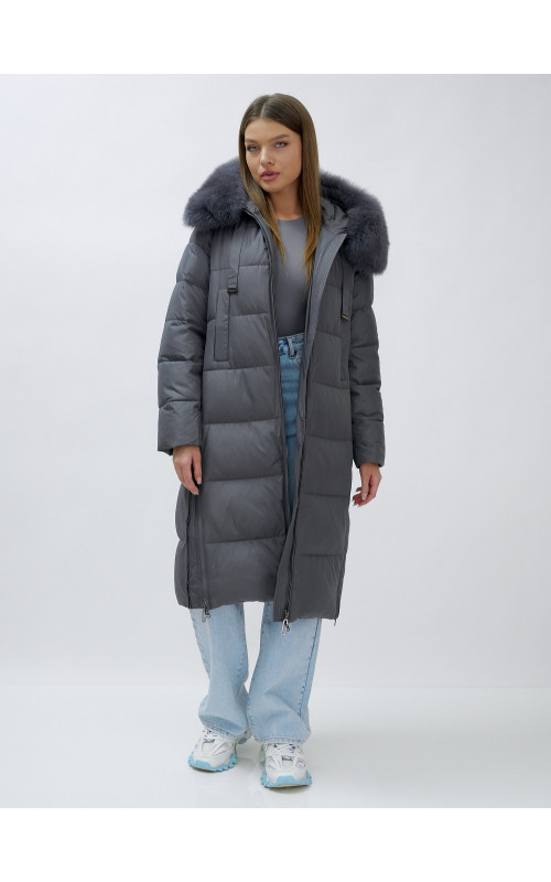 Длинный зимний пуховик с мехом песца для женщин
