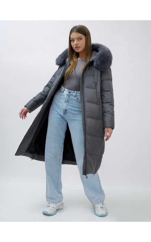 Длинный зимний пуховик с мехом песца для женщин