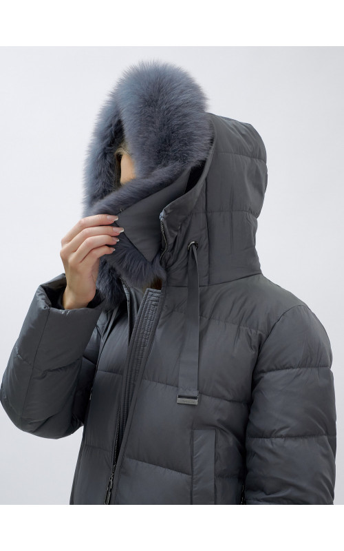 Длинный зимний пуховик с мехом песца для женщин