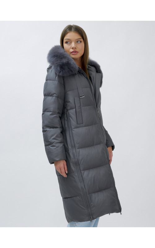 Длинный зимний пуховик с мехом песца для женщин