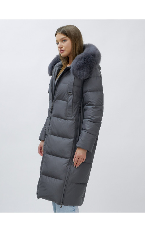 Длинный зимний пуховик с мехом песца для женщин