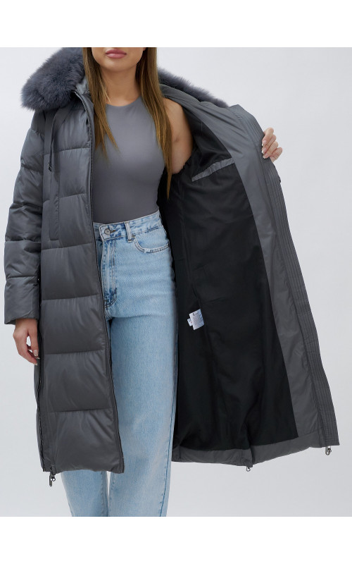 Длинный зимний пуховик с мехом песца для женщин