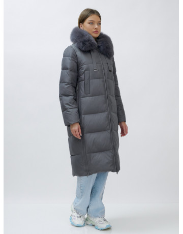 Длинный зимний пуховик с мехом песца для женщин