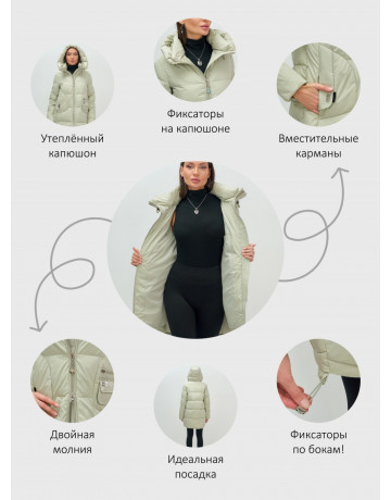 Женский модный пуховик с капюшоном салатового цвета